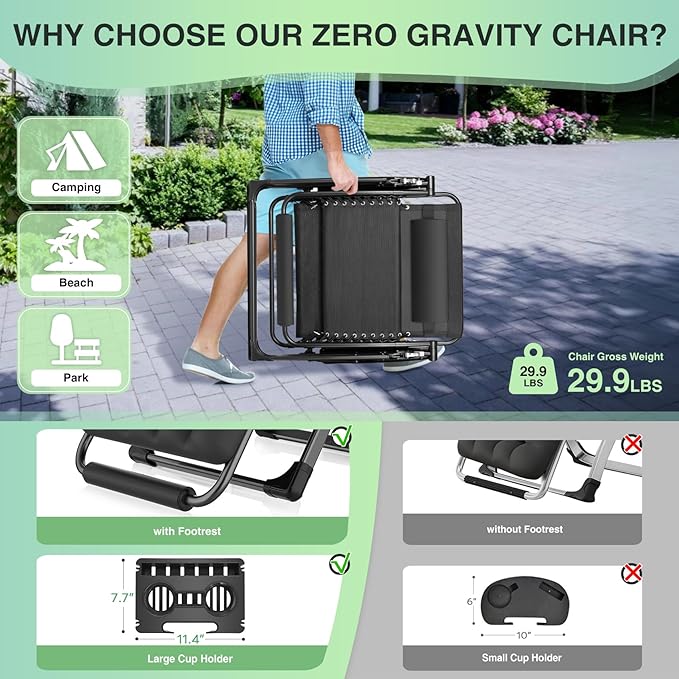 Suteck Oversized Zero Gravity Chair, 33In XXL Outdoor Recliner Chair w/Removable Cushion&Headrest - Photo 5