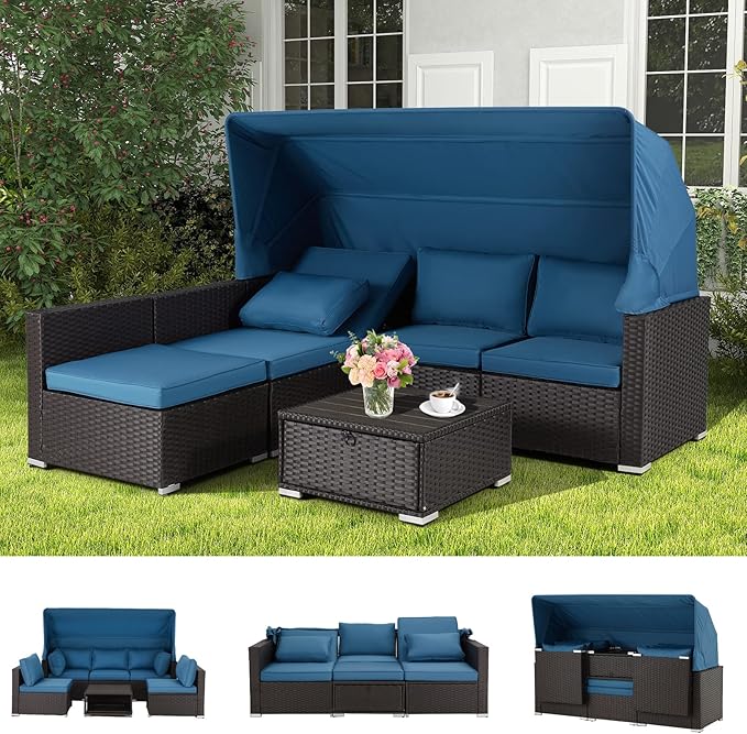 Vicluke 6 Pieces Patio Furniture Sets Outdoor Sectional Sofa Set Rattan Daybed with Retractable Canopy - Photo 1