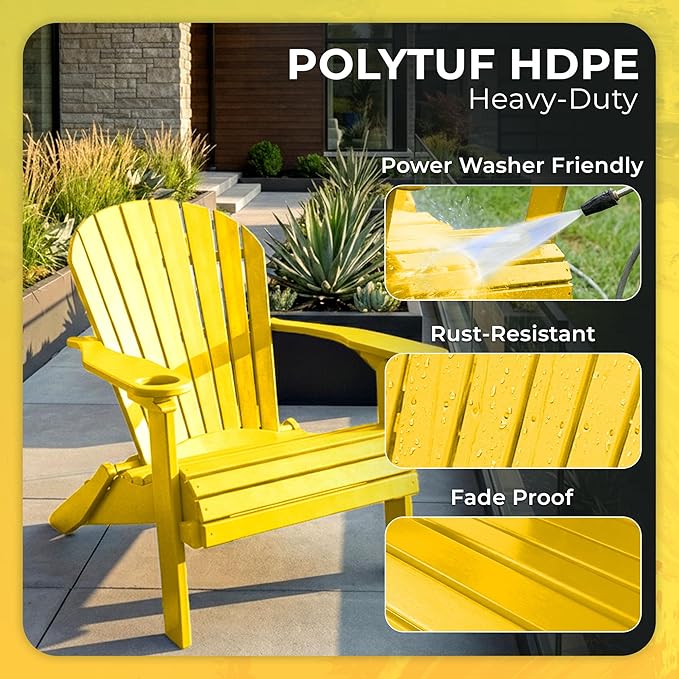 Ecommersify Folding Adirondack Chair with Cup Holder - (Yellow) - Heavy Duty Recycled Poly Lumber Folding Chair - Amish Crafted Outdoor Furniture - Made in USA