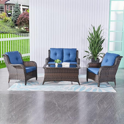 HUMMUH 4 Piece Patio Conversation Furniture Set PE Wicker Rattan Outdoor Loveseat Sofa,Patio Chairs,Coffee Table for Garden,Poolside,Backyard,Deck