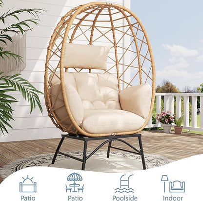 SWITTE Wicker Egg Chair Outdoor, Oversized Patio Lounge Chairs with Cushion for Indoor Living Room, Bedroom, Outside Backyard Balcony-Beige