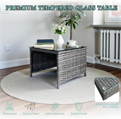 GIANGSUNNY 3 Patio Furniture Set with Storage, Outdoor Sectional Wicker Rattan Conversation Set with Loveseat & Glass Coffee Table, All-Weather Patio Seating (Grey, 3Pcs Set with Storage)