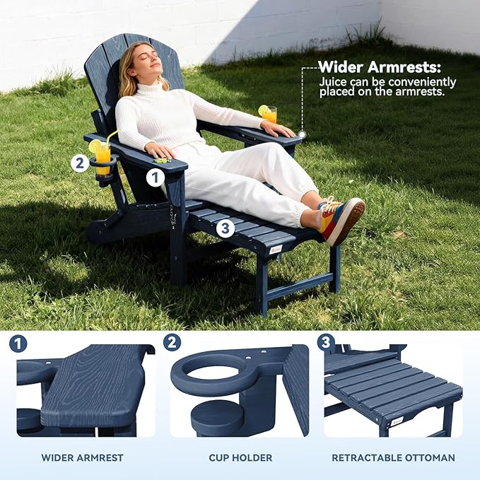 Mdeam 3-Level Adjustable Adirondack Chair with Retractable Ottoman, HDPE All-Weather Folding Fire Pit Chair with 2 Cup Holders, Outdoor Chair for Deck Patio Garden Backyard Lawn (Navy Blue)
