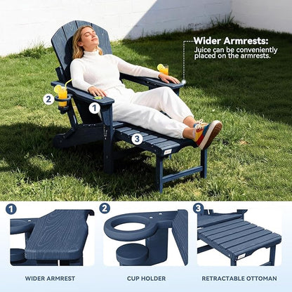 Mdeam 3-Level Adjustable Adirondack Chair with Retractable Ottoman, HDPE All-Weather Folding Fire Pit Chair with 2 Cup Holders, Outdoor Chair for Deck Patio Garden Backyard Lawn (Navy Blue)