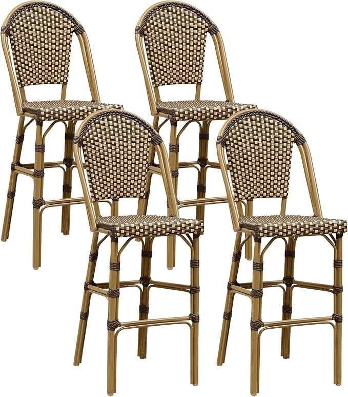 PURPLE LEAF French Bar Stool Set of 4 Bamboo Print Finish Patio Bar Stools with Back Rattan Chairs Wicker Bar Height - Photo 1