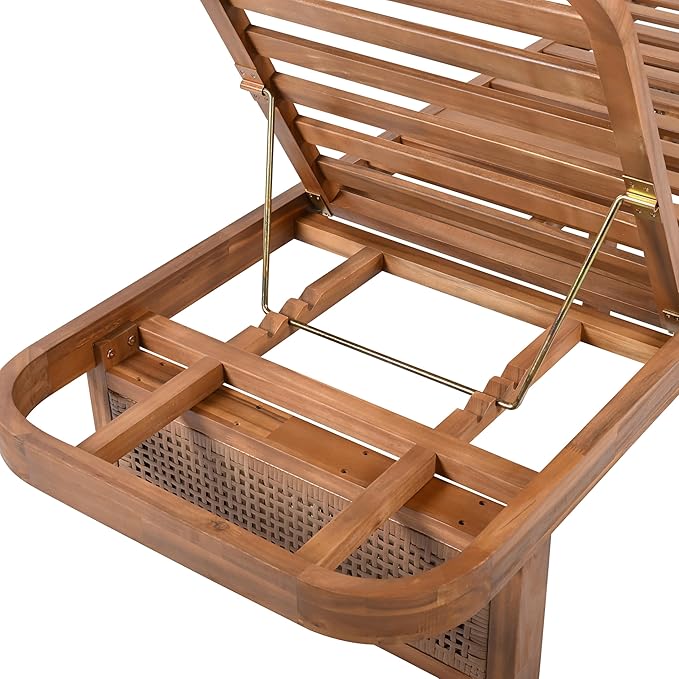Merax Acacia Wood Chaise Lounge Chair Outdoor, Patio Recliner with Adjustable Backrest and PE Rattan Design, White Cushion