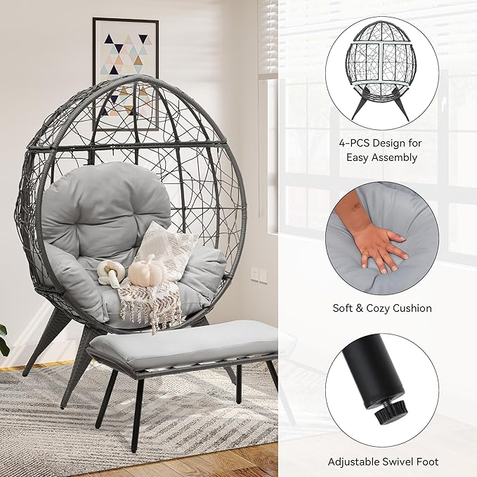 YITAHOME Egg Chair with Ottoman Outdoor Egg Lounge Chair with Cushion Wicker Chair PE Rattan Chair Footrest Included for Patio, Garden, Backyard, Porch, Gray