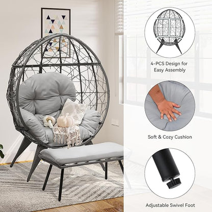 YITAHOME Egg Chair with Ottoman Outdoor Egg Lounge Chair with Cushion Wicker Chair PE Rattan Chair Footrest Included for Patio, Garden, Backyard, Porch, Gray