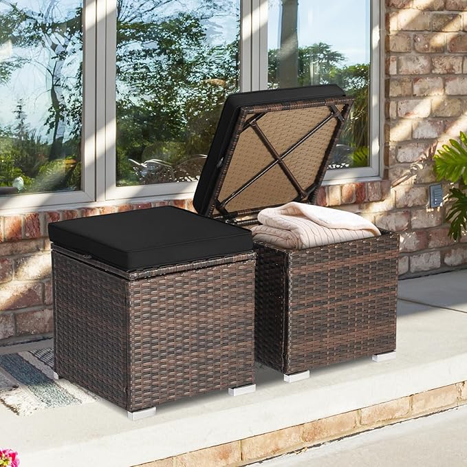 Tangkula 2 Pieces Patio Ottomans, Patiojoy Hand-Woven PE Rattan Side Table with Removable Cushion & Hidden Storage Space - Photo 4
