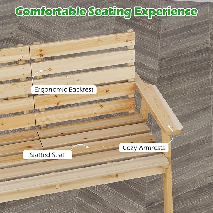 HAPPYGRILL Outdoor Fir Wood Bench with Foldable Middle Table, 2-3 Person Patio Garden Bench with Armrests and Backrests, Wooden Loveseat Chair with 710lbs Capacity (Natural)