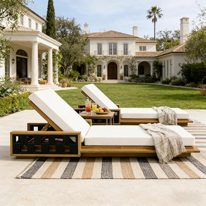 Merax Outdoor Chaise Lounge Set of 4, Acacia Wood Patio Reclining Chairs with 4-Position Adjustable Backrest, 4-Piece Sunbathing Recliner & 4" Thick Double-fold Cushion for Poolside, Garden, Beige