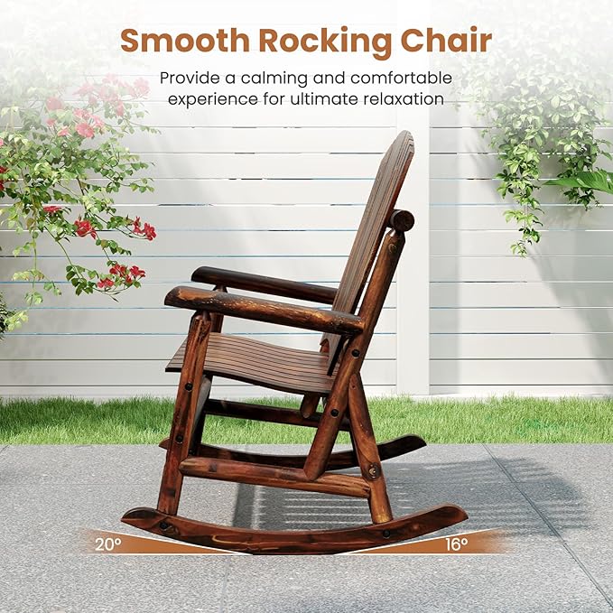 Tangkula 2-Person Wood Outdoor Rocking Chair, Outside Adirondack Rocker with High Back and Slatted Seat, Oversized Porch Rocking Chair for Balcony, Garden, Backyard, Patio