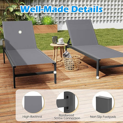 HAPPYGRILL Aluminum Chaise Lounge Chair, Heavy-Duty Patio Recliner W/ 6-Level Backrest & Breathable Fabric, Outdoor Lightweight Reclining Lounge Chair for Backyard, Poolside, Porch (1, Grey)
