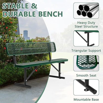 6ft Park Benches for Outside, Green Garden Benches Weatherproof with Backrest - Heavy-Duty Metal Bench for Patio Porch Backyard School Sports Church Locker Room Bench Commercial-Grade Seating