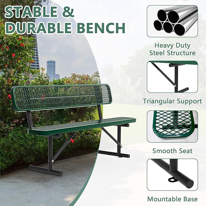 72" Metal Park Benches for Outside - Green Outdoor Benches Heavy Duty Garden Weatherproof Bench with Backrest, Buddy Bench for Schools,Commercial Benches for Shopping Mall, Store, Yard, Patio