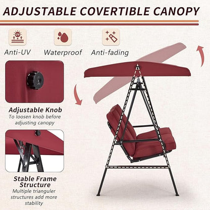 AECOJOY 2-Seat Outdoor Patio Swing Chair with Adjustable Canopy, Porch Swings Chairs for Adult, Outside Swing Bench with Removable Cushion, Suitable for Backyard, Garden, Yard, Poolside, Balcon, Red