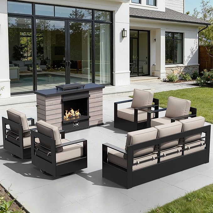 Outdoor Aluminum Furniture Set, 6-Piece Patio Conversation Set, 2 Swivel Chairs, 2 Chairs,1 Sofa and 1 Fireplace, All-Weather Metal Frame, 6" Thick Removable Cushions, Deep Setting for Porch