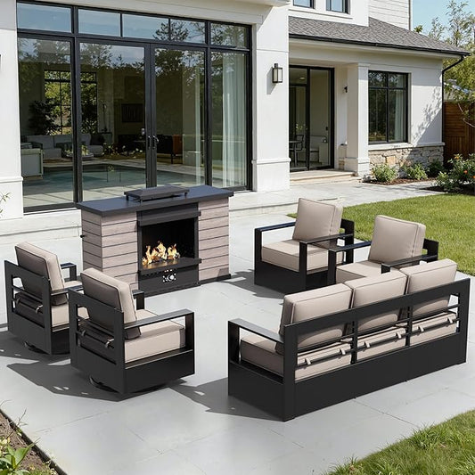 Outdoor Aluminum Furniture Set, 6-Piece Patio Conversation Set, 2 Swivel Chairs, 2 Chairs,1 Sofa and 1 Fireplace, All-Weather Metal Frame, 6" Thick Removable Cushions, Deep Setting for Porch