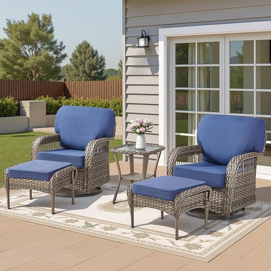 5 Pieces Patio Furniture Set, All Weather Wicker Swivel Rocker Patio Chairs with Ottomans Rattan Side Table, Outdoor Seating Furniturefor Deck Porch Sunroom Backyard, Blue