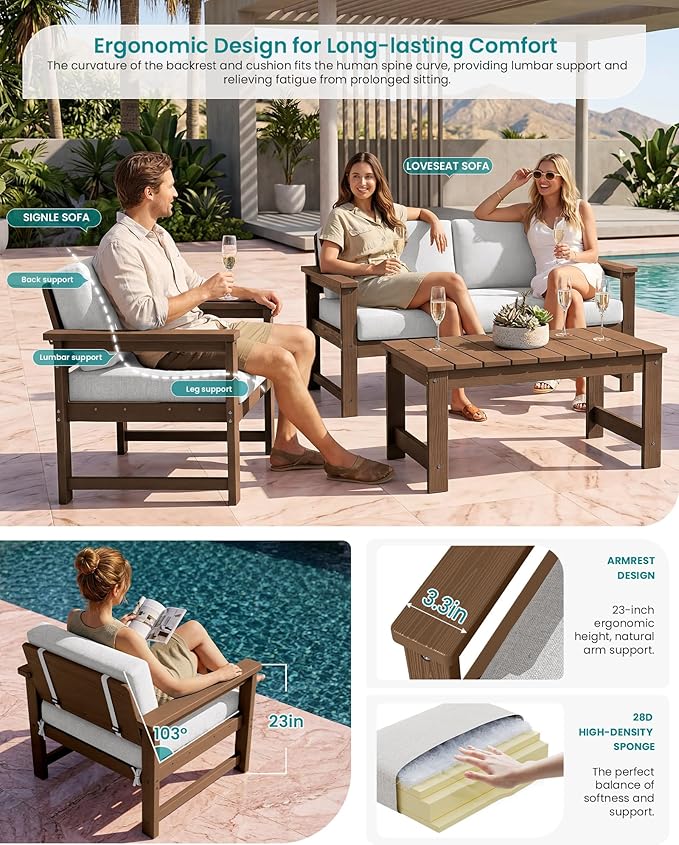 SERWALL HDPE Outdoor Loveseat with Cushions, All Weather Use Outdoor Loveseat Sofa, Brown Frame/Khaki Cushion - Photo 2