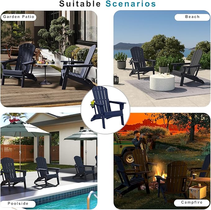Folding Adirondack Chair，Wooden Textured Fire Pit Chair with Cup Holder, Heavy All-Weather HDPE Plastic Outdoor Patio Chairs for Poolside Backyard Patio Outdoor Garden