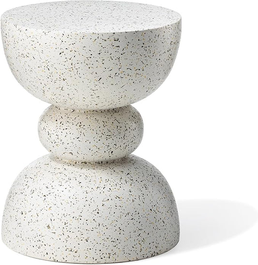 Glitzhome Outdoor Side Table, Round Accent End Table, Lightweight Faux Terrazzo Decorative Garden Stool, 17.25" H White Planter Stand for Patio Porch Balcony Living Room