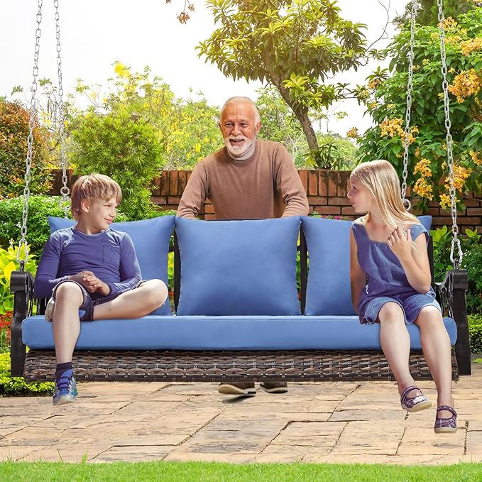 Heavy Duty 900 LBS Porch Swing Chair 3-Person Outdoor Rattan Patio Swing Lounge w/Cup-Holder & Steel Chains Wicker - Photo 7