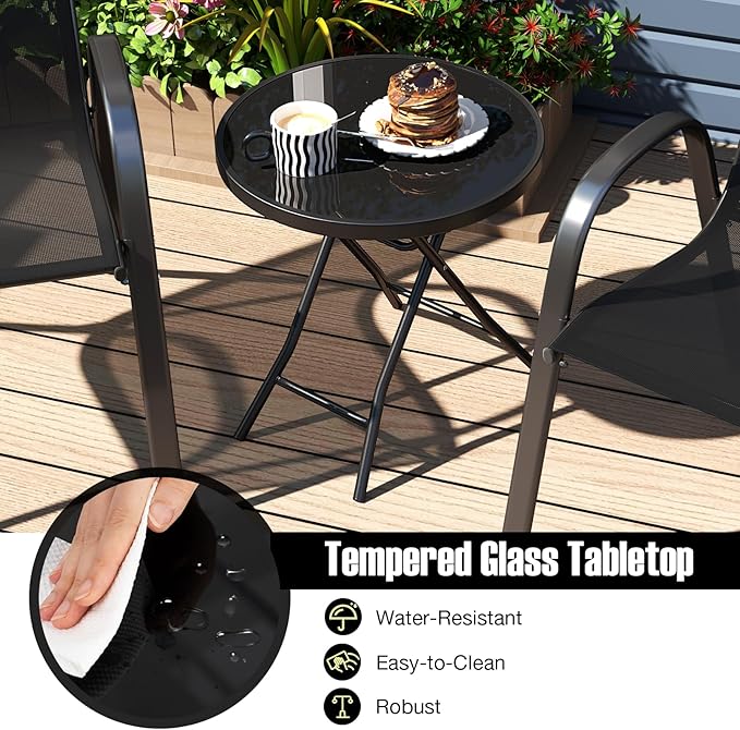 Tangkula Round Folding Side Table, 18 Inch Patio Coffee Table with Tempered Glass Tabletop and Metal Frame - Photo 8