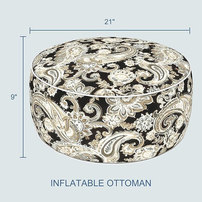 LVTXIII Indoor/Outdoor Inflatable Ottoman with Handle D21 x H9 Inch, Weather-Resistant Round Footstool Pouf for Patio Camping Living Room, Portable Footrest Extra Seating, Paisley Black