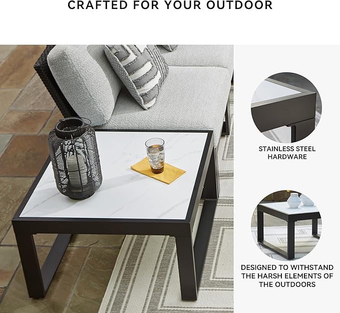 Signature Design by Ashley Beachloft Casual Glass Tabletop Outdoor Coffee Table with Sled Base, Gray & Black