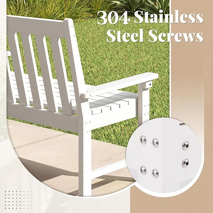 RELAX4LIFE 2-Person Patio Outdoor Bench - 52’’ All-Weather HDPE Garden Bench with Armrests & Slatted Backrest, Patio Bench for Front Porch Park Poolside Backyard, 705 LBS Weight Capacity (White)