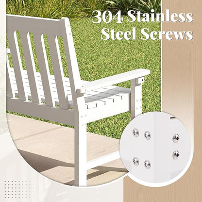 RELAX4LIFE 2-Person Patio Outdoor Bench - 52’’ All-Weather HDPE Garden Bench with Armrests & Slatted Backrest, Patio Bench for Front Porch Park Poolside Backyard, 705 LBS Weight Capacity (White)