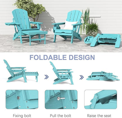 FOOWIN Adirondack Chair with Retractable Ottoman,HDPE Folding Adjustable Adirondack Chair w/4 in 1 Cup Holder Trays,All-Weather Resistant Fire Pit Chair for Outdoor Patio Lawn Set of 2 Lake Blue