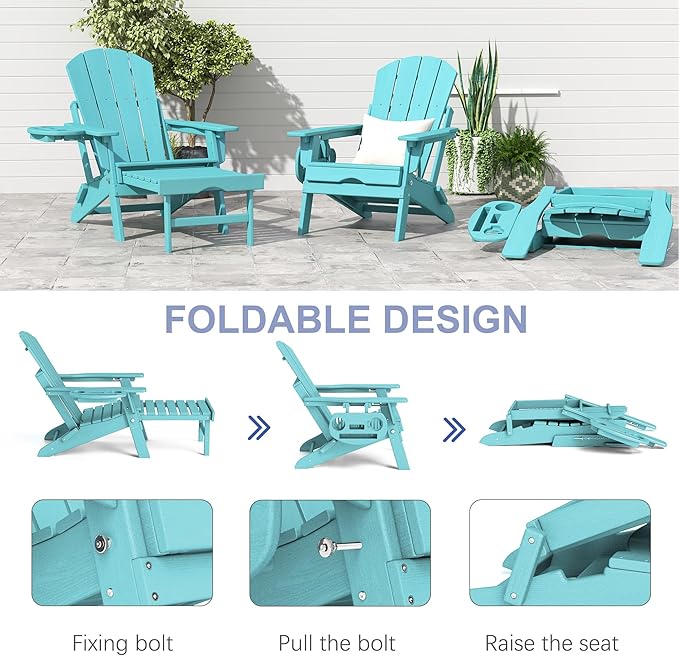 FOOWIN Adirondack Chair with Retractable Ottoman,HDPE Folding Adjustable Adirondack Chair w/4 in 1 Cup Holder Trays,All-Weather Resistant Fire Pit Chair Set of 4 Lake Blue