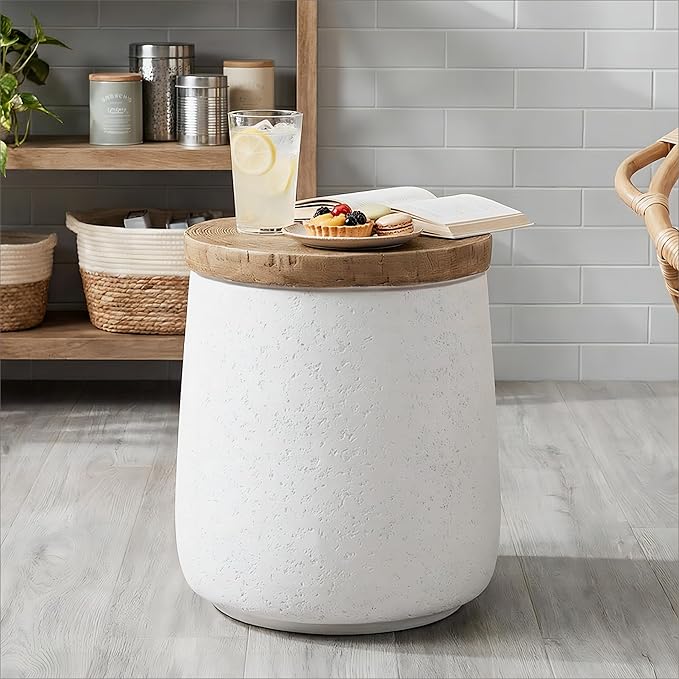 HOMPUS Outdoor Side Table, Concrete End Table Cylinder Shaped w Wood Grain Top, Small Round Outdoor Garden Stand for Patio, White