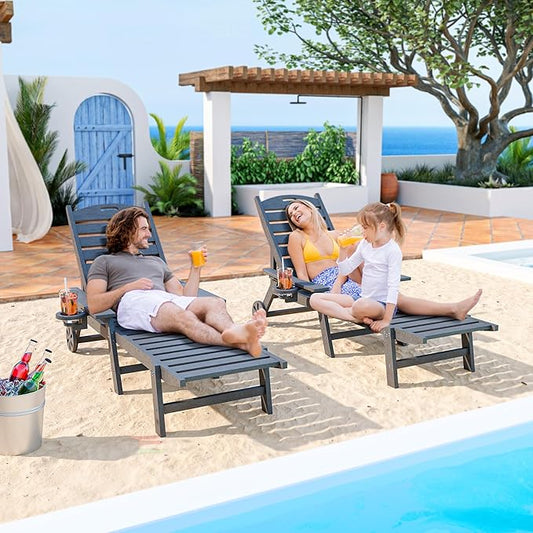 Pamapic 2 Pieces 500 LBS Lounge Chair, Wide Armrest Oversized Chaise Lounge Chair with Wheel, All Weather 4 Positions Chaise Lounge with Cup Holder, Outdoor Lounge Chairs for Poolsdie, Patio, Grey