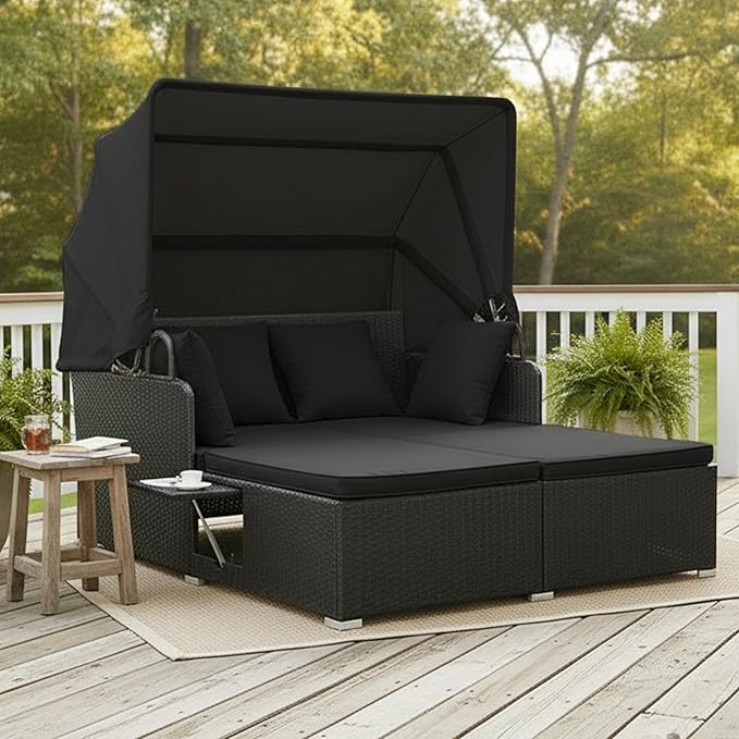 Tangkula Patio Rattan Daybed with Retractable Canopy, Outdoor Wicker Sunbed Lounger with 2 Foldable Side Tables - Photo 2