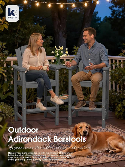 KINGYES Tall Adirondack Chairs Set of 4 with 9FT Umbrella, All Weather Embossed Balcony Height Chair with Double Connecting Trays, High Airondack Chair with Wood Grain, Backyard, Deck, Gray