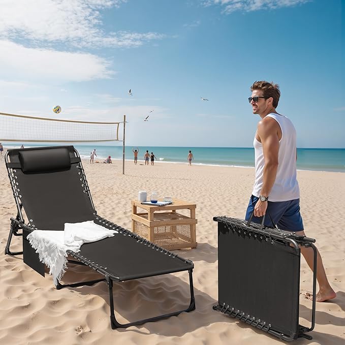 Devoko Lounge Beach Chair for Adults, Outdoor Sun Tanning Chair, Portable Folding Camping Lay Chaise Lounge Chairs for Outside Beach Pool Reading, Sunbathing (1, Black)