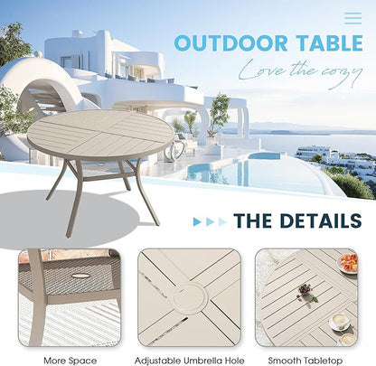 Patio Dining Table for 4, Round Metal Outdoor Table with Storage Shelf, 1.57" Umbrella Hole, 41" Outdoor Quartered Tabletop Dining Table for Backyard, Porch, Lawn, Sand