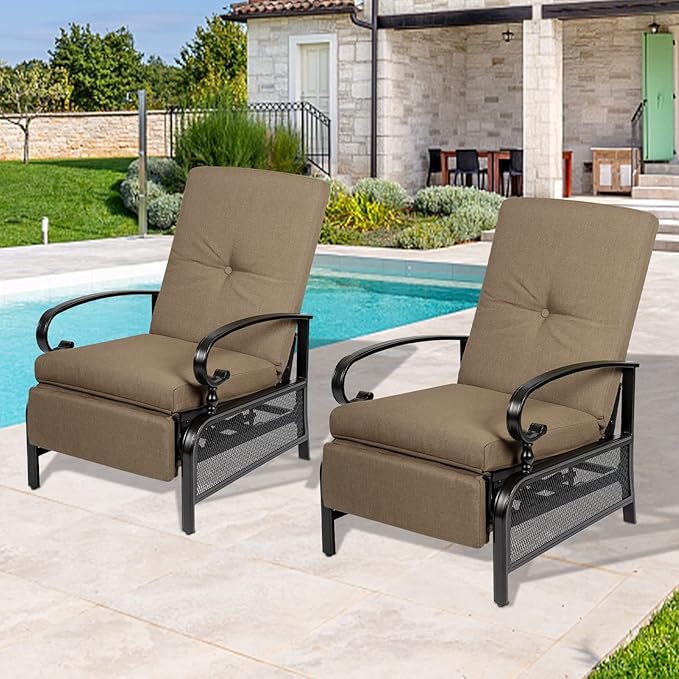 Incbruce Outdoor Lounge Chair Set of 2 Patio Furniture Adjustable Recliner with Retractable Steel Frame and Removable Thick Cushions - Brown