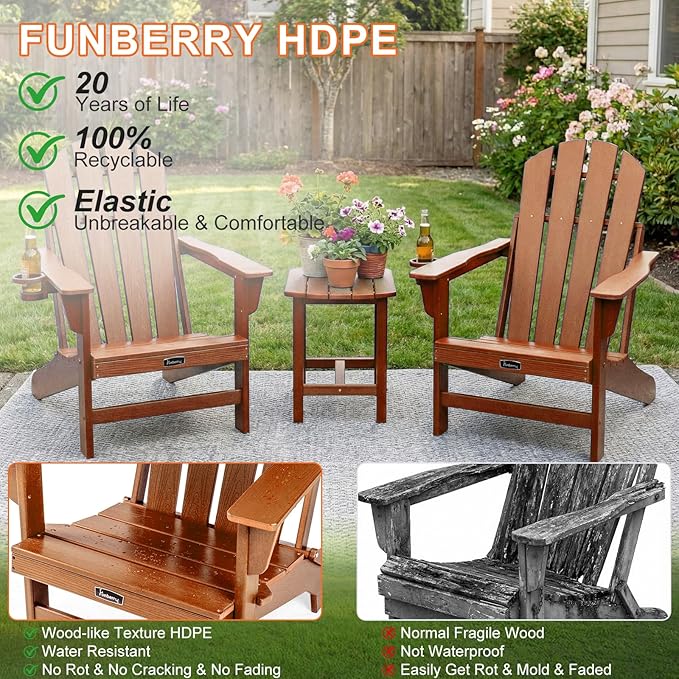 FUNBERRY Folding Adirondack Chairs Set of 4, HDPE Stable Gun-Leg Design Fire Pit Chairs with Cupholder All Weather for Outside