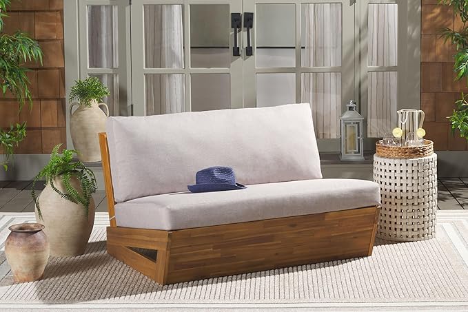 SAFAVIEH Outdoor Patio Furniture Collection Lynn Natural & Light Grey Solid Wood Sofa (PAT7329B) - Photo 2