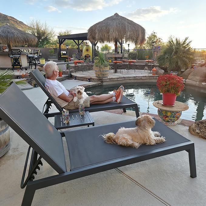 PURPLE LEAF Outdoor Chaise Lounge Set for 2 Oversized Pool Lounge Chairs with Easy-to-Move Wheels and Adjustable Backrest Extra Large Patio Loungers for Poolside Deck Beach Table Included, Dark Grey