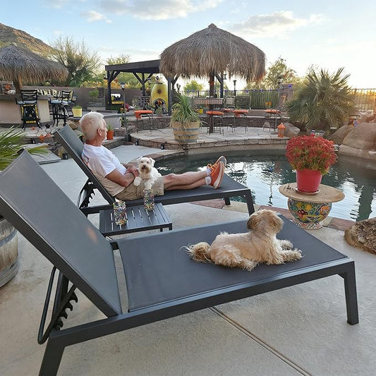 PURPLE LEAF Outdoor Chaise Lounge Set for 2 Oversized Pool Lounge Chairs with Easy-to-Move Wheels and Adjustable Backrest Extra Large Patio Loungers for Poolside Deck Beach Table Included, Dark Grey