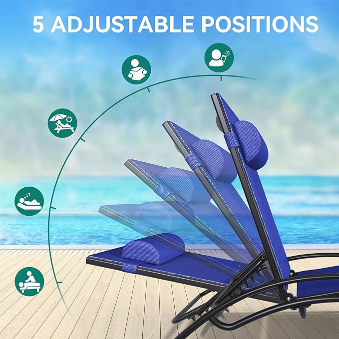 YITAHOME Outdoor Chaise Lounge Chair Set of 3, Pool Lounge Chairs with Side Table & 5-Position Adjustable Backrest, Sunbathing Recliner for Poolside, Backyard, Lawn, Deck - Navy