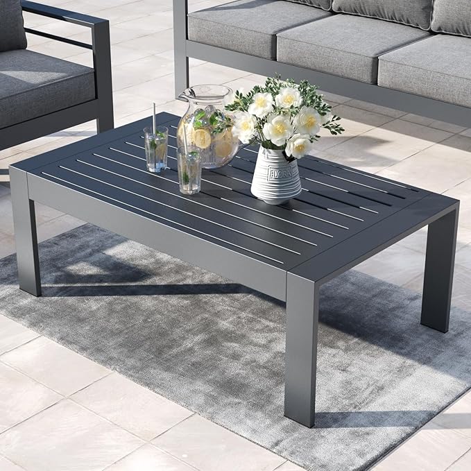 Outdoor Rectangle Patio Aluminum Coffee Tables for Outside, All Weather Patio Slatted Tabletop for Indoor or Outdoor Use - Photo 2