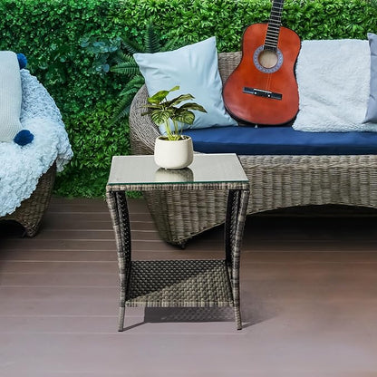 Outdoor Patio Wicker Side Table, Square PE Rattan End Table Bistro Coffee Table with Glass Top Storage Shelf for Porch Garden Backyard Grey