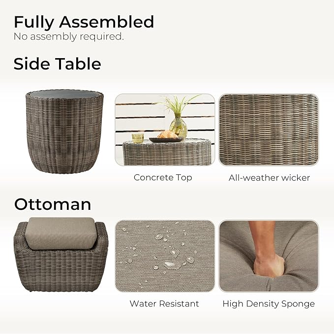 CHITA 5 Pieces Patio Wicker Furniture Set, Outdoor Rattan Bistro Set with Removable Thickened Cushions, Fully Assembled(Gray Cushions with Brownish Gray Wicker)