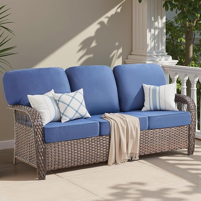 75'' Outdoor Patio Couch Wicker Sofa, All Weather Rattan 3 Seater Sofa High Back Couch with Deep Seating and Removable Cover, Outdoor Patio Furniture for Deck Porch Sunroom Backyard, Blue